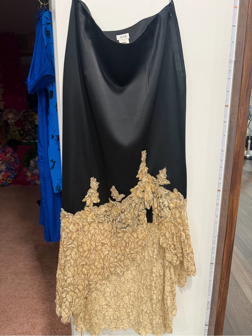Cache Black Satin High-Low Skirt with Gold Lace Trim